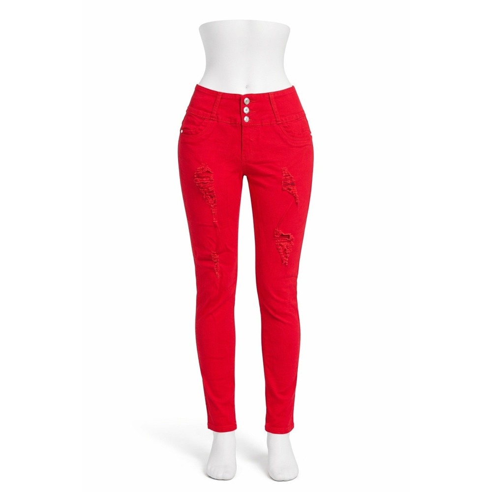 Silver Diva Red Distressed Skinny Jeans High Rise Rhinestone Pocket Size 9